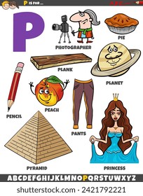 Cartoon illustration of objects and characters set for letter P