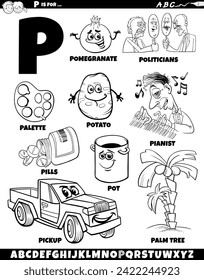 Cartoon illustration of objects and characters set for letter P coloring page