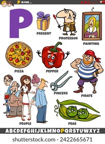 Cartoon illustration of objects and characters set for letter P