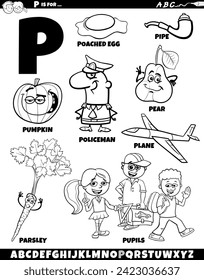 Cartoon illustration of objects and characters set for letter P coloring page