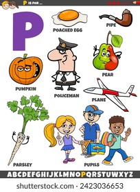 Cartoon illustration of objects and characters set for letter P