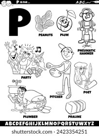 Cartoon illustration of objects and characters set for letter P coloring page