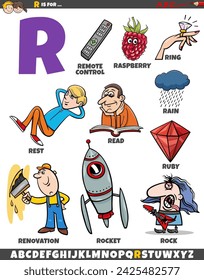 Cartoon illustration of objects and characters set for letter R