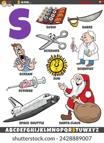 Cartoon illustration of objects and characters set for letter S