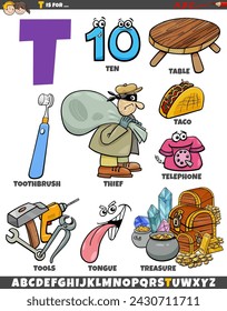 Cartoon illustration of objects and characters set for letter T