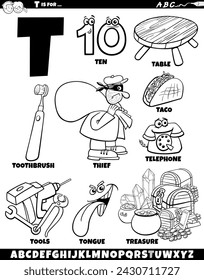 Cartoon illustration of objects and characters set for letter T coloring page