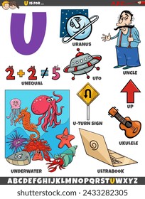 Cartoon illustration of objects and characters set for letter U