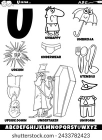 Cartoon illustration of objects and characters set for letter U coloring page