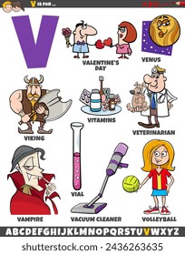 Cartoon illustration of objects and characters set for letter V