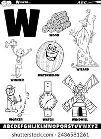 Cartoon illustration of objects and characters set for letter W coloring page
