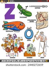 Cartoon illustration of objects and characters set for letter Z