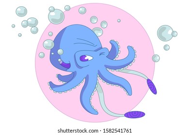 Cartoon illustration of an octopus. Blue octopus on a pink background. Cute print for children's staff. Kawaii character. Stock illustration.