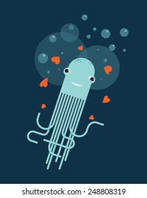 A cartoon illustration of a octopus in love with bubbles and hearts.