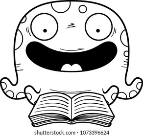 A cartoon illustration of an octopus reading a book.