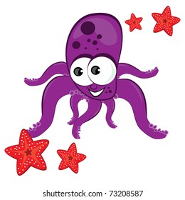 Cartoon illustration of octopus with starfish Isolated on white