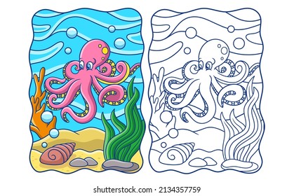 cartoon illustration the octopus is swimming in the middle of the sea with shells underneath book or page for kids