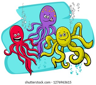 Cartoon Illustration of Octopuses Sea Animal Characters