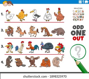 Cartoon illustration of odd one out picture in a row educational game for elementary age or preschool children with animal characters