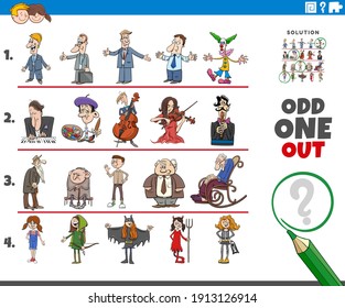 Cartoon illustration of odd one out picture in a row educational game for elementary age or preschool children with funny people characters