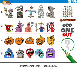 Cartoon illustration of odd one out picture in a row educational game for elementary age or preschool children with spooky Halloween holiday characters