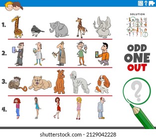 Cartoon illustration of odd one out picture in a row educational activity for children with comic characters