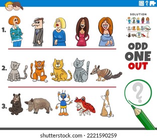 Cartoon illustration of odd one out picture in a row educational task for children with comic people and animal characters