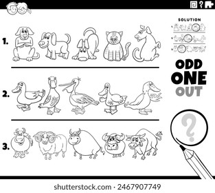 cartoon illustration of odd one out picture in a row educational activity for children with comic animal characters coloring page