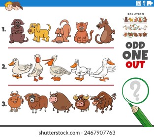 Cartoon illustration of odd one out picture in a row educational activity for children with comic animal characters