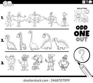 cartoon illustration of odd one out picture in a row educational game for children with comic animal characters coloring page