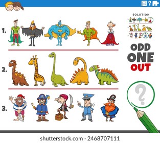 Cartoon illustration of odd one out picture in a row educational game for children with comic animal characters