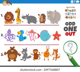 Cartoon illustration of odd one out picture in a row educational activity game with comic animal characters