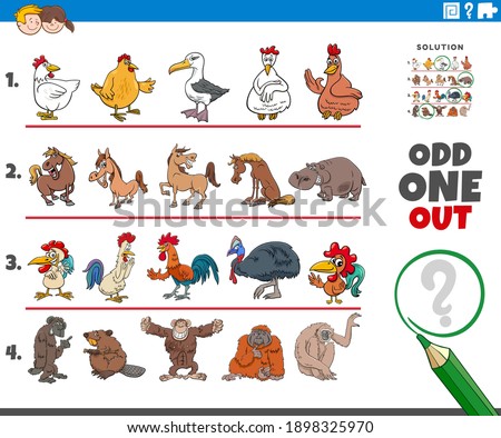 Cartoon illustration of odd one out picture in a row educational game for elementary age or preschool children with animal characters