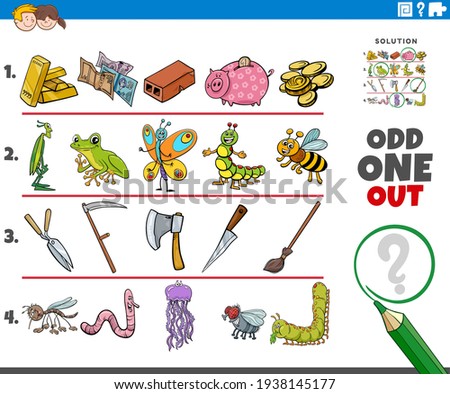 Cartoon illustration of odd one out picture in a row educational game for children with object and animal characters