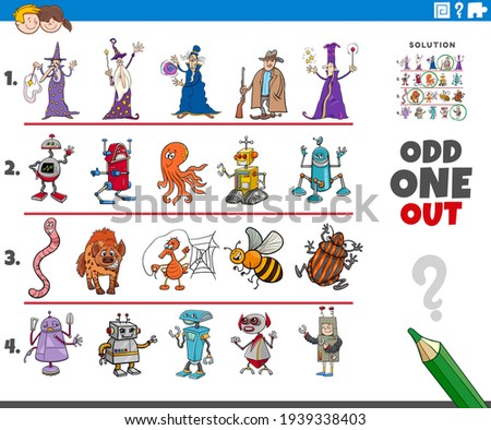 Cartoon illustration of odd one out picture in a row educational game for elementary age or preschool children with comic characters
