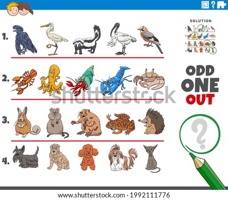 Cartoon illustration of odd one out picture in a row educational task for elementary age or preschool children with comic animal characters