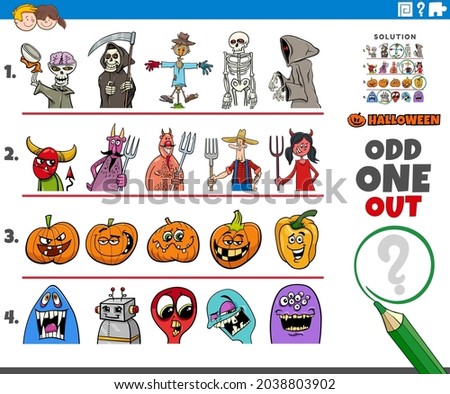 Cartoon illustration of odd one out picture in a row educational game for elementary age or preschool children with spooky Halloween holiday characters