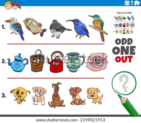 Cartoon illustration of odd one out picture in a row educational activity for children with comic animal characters and objects