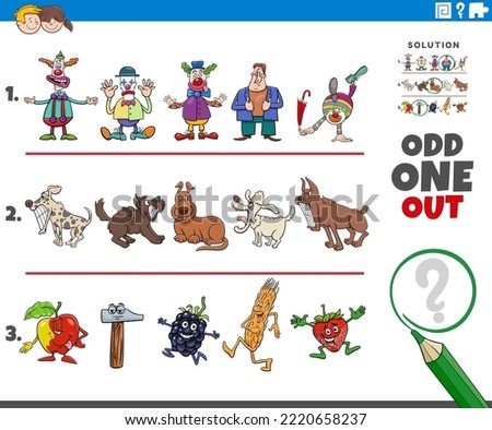 Cartoon illustration of odd one out picture in a row educational game for children with comic animal characters and objects