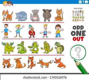 Cartoon Illustration of Odd One Oute Picture in a Row Educational Game for Elementary Age or Preschool Children with Funny Characters