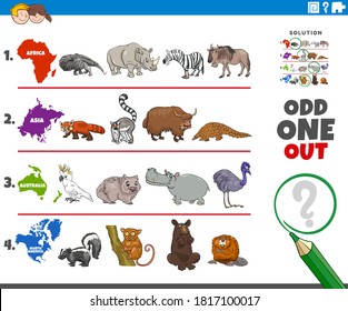 Cartoon Illustration of Odd One Oute Picture in a Row Educational Game for Elementary Age or Preschool Children with Animals from different Continents