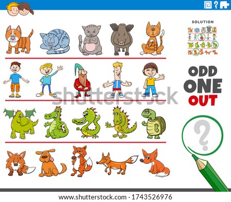 Cartoon Illustration of Odd One Oute Picture in a Row Educational Game for Elementary Age or Preschool Children with Funny Characters