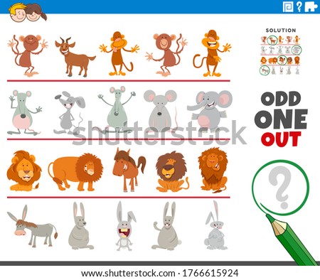 Cartoon Illustration of Odd One Oute Picture in a Row Educational Game for Elementary Age or Preschool Children with Funny Animal Characters