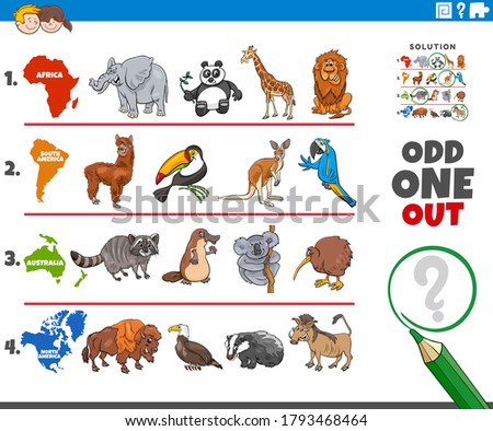 Cartoon Illustration of Odd One Oute Picture in a Row Educational Game for Elementary Age or Preschool Children with Animal Species from different Continents