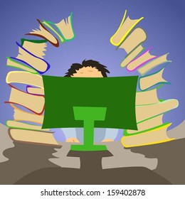 cartoon illustration of office worker sitting at pc with a lot of books