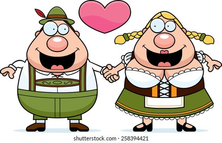 A cartoon illustration of an Oktoberfest couple holding hands and in love.