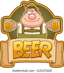 A cartoon illustration of a Oktoberfest man with two mugs of beer.