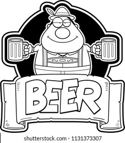 A cartoon illustration of a Oktoberfest man with two mugs of beer.