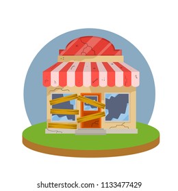 Cartoon illustration - the old abandoned shop building is an element of the urban cityscape. small town. burnt business. fire and disaster in the house. poor financial condition. Groceries with boards