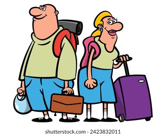 cartoon illustration of old couple carrying a bag and suitcase at airport terminal, get ready for travelling and vacation. Best for sticker, logo, and mascot with recreation themes