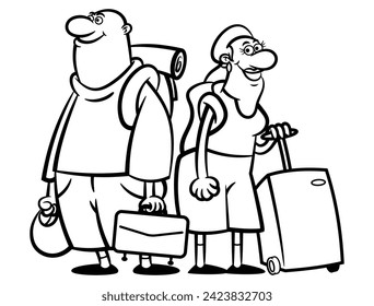 cartoon illustration of old couple carrying a bag and suitcase at airport terminal, get ready for travelling and vacation. Best for outline, logo, and coloring book with recreation themes